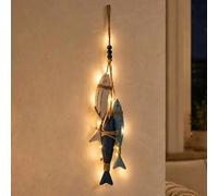 OLYGEE Lighted Coastal Wooden Starfish & Fish Hanging Decor, Warm LED Nautical Wall Decor for Beach House, Bathroom, Porch and Coastal Home (#B)