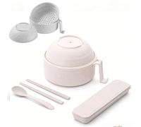 OLYGEE Microwave Ramen Bowl with Lid, Microwave Ramen Cooker, Noodle Cooker for Dorm, Apartment & Office - with Chopsticks, Spoon and Fork, Must-Have for Busy Lifestyles (Beige)