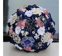 OLYGEE Navy Blue and Silver Grey Bridal Bouquet with Rhinestone Brooch for Bride and Bridesmaids, Luxury Satin for Quinceanera and Wedding, 8.3 inch Bridal Bouquet (Navy Blue + Velvet)