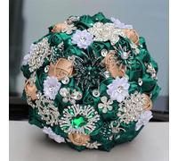 OLYGEE Navy Blue and Silver Grey Bridal Bouquet with Rhinestone Brooch for Bride and Bridesmaids, Luxury Satin for Quinceanera and Wedding, 8.3 inch Bridal Bouquet (Dark Green + Khaki)