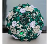 OLYGEE Navy Blue and Silver Grey Bridal Bouquet with Rhinestone Brooch for Bride and Bridesmaids, Luxury Satin for Quinceanera and Wedding, 8.3 inch Bridal Bouquet (Dark Green)