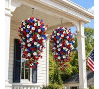 OLYGEE Patriotic Hanging Flower Baskets, Red White Blue Artificial Hanging Plants for Outdoor, 4th of July Porch Decor, Cascading Fake Flowers for Veterans Day with Solar Light