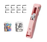 OLYGEE Reusable Desktop Stapler with Clip Dispenser, Portable Binder Clip Stapler - Includes 108 Reusable Clips, Push Clips Fastener for Document Binding, Home Office School Supplies (Pink)
