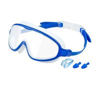 OLYGEE Splashy Eyes Kids Goggles, Clip-Back Strap with Nose Clip & Ear Plugs, Ultra Wide View for Pool Lessons & Beach (White Blue)