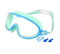 OLYGEE Splashy Eyes Kids Goggles, Clip-Back Strap with Nose Clip & Ear Plugs, Ultra Wide View for Pool Lessons & Beach (Green Blue)