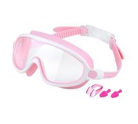 OLYGEE Splashy Eyes Kids Goggles, Clip-Back Strap with Nose Clip & Ear Plugs, Ultra Wide View for Pool Lessons & Beach (Pink White)