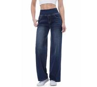 OLYGEE Wide Leg Jeans for Women, Pull on High Waisted Stretchy Baggy Trendy Tummy Control Straight Leg, Casual Denim Pants (Dark Blue,M)