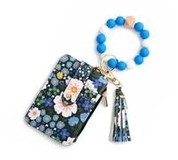 OLYGEE Women's Boho Beaded Wallet with Flower Pattern,Beaded Tassel Decoration,Bracelet Keychain Wallet,Silicone Wristlet (Dark Blue)