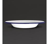 Olympia Assiettes creuses en acier émaillé 245 mm (lot de 6), blanches avec bord bleu, empilables, usage professionnel et domestique, passe au lave-vaisselle et au four, GM513