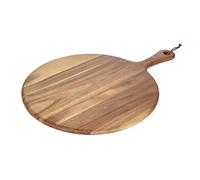 Olympia Planche en acacia ronde 355 mm, bois d'acacia, planche à découper à pizza, planche de service en bois de pizza rustique, étiquette suspendue en cuir, usage professionnel et domestique, GM262