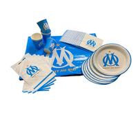 OLYMPIQUE DE MARSEILLE Pack 39 pièces OM : Nappe 130 x 180 cm, Gobelet 6, Assiette 6, Serviette 20, Sac à Bonbons 6 - Collection Officielle Blanc et Bleu Abstract Football/OM