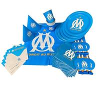 OLYMPIQUE DE MARSEILLE Pack 51 pièces : Nappe 130 x 180 cm + 6 Gobelets + 6 Assiettes + 20 Serviettes + 6 Chapeaux + 6 Sifflets + 6 Cartes d'Invitation - Collection Officielle