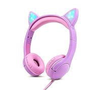 Olyre Casque pour Enfants, Casque Chat avec Volume Limité à 85db, Écouteurs Filaires pour Filles pour Kindle Fire, Tablette, Écouteurs Supra Auriculaires pour L'école et Le Voyage - Violet/Rose