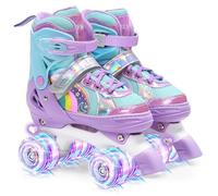 OLYSPM Roller Enfant Fille, Patin a Roulette avec 8 Roues Lumineuses,Stylish Licorne Arc en Ciel Design,4 Taille Réglable, pour Enfants,Adolescents,Débutants(Pourpre)