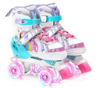 OLYSPM Roller Enfant Fille, Patin a Roulette avec 8 Roues Lumineuses,Stylish Licorne Arc en Ciel Design,4 Taille Réglable, pour Enfants,Adolescents,Débutants(Rose)