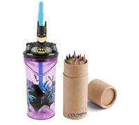 OM SUPPLIES Batman Lot de 12 gobelets réutilisables pour enfants Motif personnages de dessin animé 3D avec paille 23 x 7,5 x 7,5 cm Comprend un ensemble de 12 crayons (Batman)
