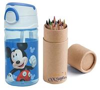 OM SUPPLIES Bouteille d'eau pop-up réutilisable avec cordon pour un transport facile à l'école, le déjeuner des enfants, 350 ml, comprend un ensemble de 12 crayons de demi-taille (Mickey)