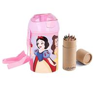 OM SUPPLIES Disney Princess Bouteille d'eau pop-up avec cordon de cou pour un transport facile pour l'école, le déjeuner des enfants 450 ml Comprend 12 crayons de taille
