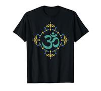 Om Symbole Floral Mandala Yoga Méditation Bleu Sarcelle Ocre T-Shirt Graphique avec Valeur