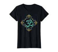 Om Symbole Floral Mandala Yoga Méditation Bleu Sarcelle Ocre T-Shirt Graphique avec Valeur