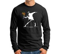 OM3® Banksy Flower Thrower T-shirt à manches longues - Homme - Urban Street Art Peace Graffiti Punk Indie Social Critique - S - 4XL, Noir (#1072), XL