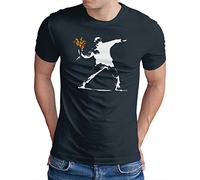 OM3® Banksy Flower Thrower T-shirt | Homme | Urban Street Art Peace Graffiti Punk Indie Social Critique | S à 5XL, Bleu marine (#1072), L