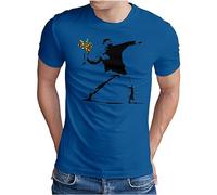 OM3 - Banksy Flower Thrower - T-Shirt Urban Street Art Peace Paix Punk Indie, L, Bleu Royale