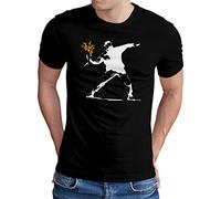 OM3 - Banksy Flower Thrower - T-Shirt Urban Street Art Peace Paix Punk Indie, L, Noir