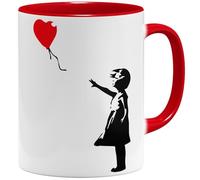 OM3 Banksy Tasse à café avec fille au ballon, motif Street Art, graffiti, en céramique, 325 ml, imprimée des deux côtés, rouge
