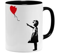 OM3 Banksy Tasse à café avec fille au ballon, motif Street Art, graffiti, en céramique, 325 ml, imprimée des deux côtés, noire