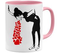 OM3 Banksy Tasse à café avec inscription Love Sick Girl, amoureux street art, en céramique, 325 ml, imprimé des deux côtés, rose
