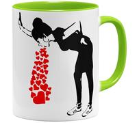 OM3 Banksy Tasse à café avec inscription Love Sick Girl, amoureux street art, en céramique, 325 ml, imprimé des deux côtés, vert clair