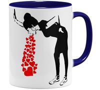 OM3 Banksy Tasse à café avec inscription Love Sick Girl, amoureux street art, en céramique, 325 ml, imprimé des deux côtés, bleu foncé
