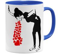 OM3 Banksy Tasse à café avec inscription Love Sick Girl, amoureux street art, en céramique, 325 ml, imprimée des deux côtés, bleue