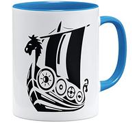OM3® Drakkar Drakkar Tasse en céramique Motif bateau viking Bleu clair 325 ml