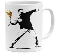 OM3 Flower Thrower Banksy Tasse à café - Lanceur de fleurs - Tasse en céramique - 325 ml - Imprimé des deux côtés - Blanc