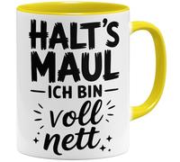 OM3 Halt's Maul ich bin voll nett Tasse à café avec inscription en allemand - Tasse sarcastique avec humour grossier - Tasse en céramique - 325 ml - Imprimé des deux côtés - Jaune