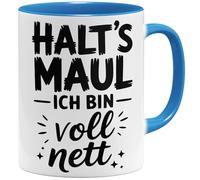 OM3 Halt's Maul ich bin voll nett Tasse à café avec inscription en allemand - Tasse sarcastique avec humour grossier - Tasse en céramique - 325 ml - Imprimé des deux côtés - Bleu clair