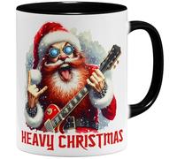 OM3® Heavy Christmas Tasse à café amusante de Noël pour rockeurs et fans de Heavy Metal - Père Noël avec salut diabolique - Tasse en céramique - 325ml - Imprimée des deux côtés - Noir
