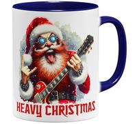 OM3 Heavy Christmas Tasse à café amusante pour les fans de rockeur et de Heavy Metal - Père Noël avec salutations diables - Tasse en céramique - 325 ml - Imprimé des deux côtés - Bleu foncé