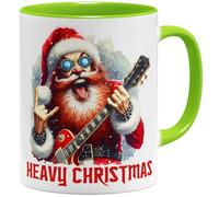 OM3 Heavy Christmas Tasse à café amusante pour les fans de rockeurs et de Heavy Metal - Père Noël avec vœux diable - Tasse en céramique - 325 ml - Imprimé des deux côtés - Vert clair