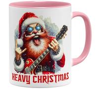 OM3® Heavy Christmas Tasse à café de Noël amusante pour les rockers et les fans de heavy metal - Le Père Noël avec un signe du diable - Gobelet en céramique - 325 ml - Impression recto verso - Rose