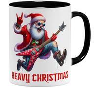 OM3 Heavy Christmas Tasse à café humoristique de Noël pour les fans de rockeurs et de Heavy Metal - Père Noël et guitare électrique - Tasse en céramique - 325 ml - Imprimé des deux côtés - Noir