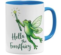 OM3 Holla the Forestfairy Tasse à café avec inscription en allemand « Denglish » - Dicton allemand mauvais anglais - Tasse en céramique - 325 ml - Imprimé des deux côtés - Bleu clair