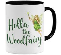 OM3 Holla the Woodfairy Tasse à café avec inscription en allemand « Denglish » - Dicton allemand mauvais anglais - Tasse en céramique - 325 ml - Imprimé des deux côtés - Noir