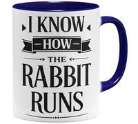 OM3 I Know How the Rabbit Runs Tasse à café avec inscription en allemand « German Verdewendung schlechtes English » - Tasse en céramique - 325 ml - Imprimé des deux côtés - Bleu foncé