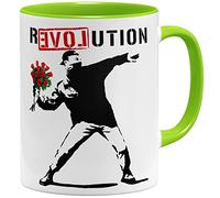 OM3® Love Revolution Banksy Tasse à café Statement - Tasse en céramique - 325 ml - Imprimé des deux côtés - Vert clair