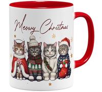 OM3 Meowy Christmas Tasse à café avec chatons mignons - Tasse de Noël - 4 chats - En céramique - 325 ml - Imprimé des deux côtés - Rouge