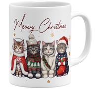 OM3 Meowy Christmas Tasse à café avec chatons mignons - Tasse de Noël - 4 chats - En céramique - 325 ml - Imprimé des deux côtés - Blanc