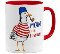 OM3® Moin ihr Luschen Tasse à café avec inscription en allemand « Seemann Möwe mit Pfeife Ostfriesland Maritim Küstenliebe Norddeutsch Küste » - Tasse en céramique - 325 ml - Imprimé des deux côtés